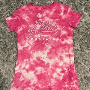 Pink and white tie dye, short sleeve t-shirt.